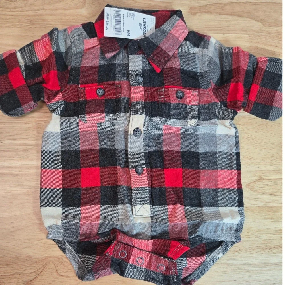 OshKosh B'gosh Baby Boy Red Black Plaid Flannel Bodysuit 9M 157434 D617
